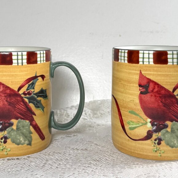 LENOX “Winter Greetings” Cardinal Mug - Set of 2, Red Ribbons, Cardinals On Hol - Picture 1 of 6